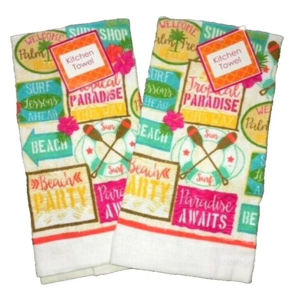 Tropical Paradise Palm Tree Kitchen Dish Towels Cotton Set of 2 Summer Beach